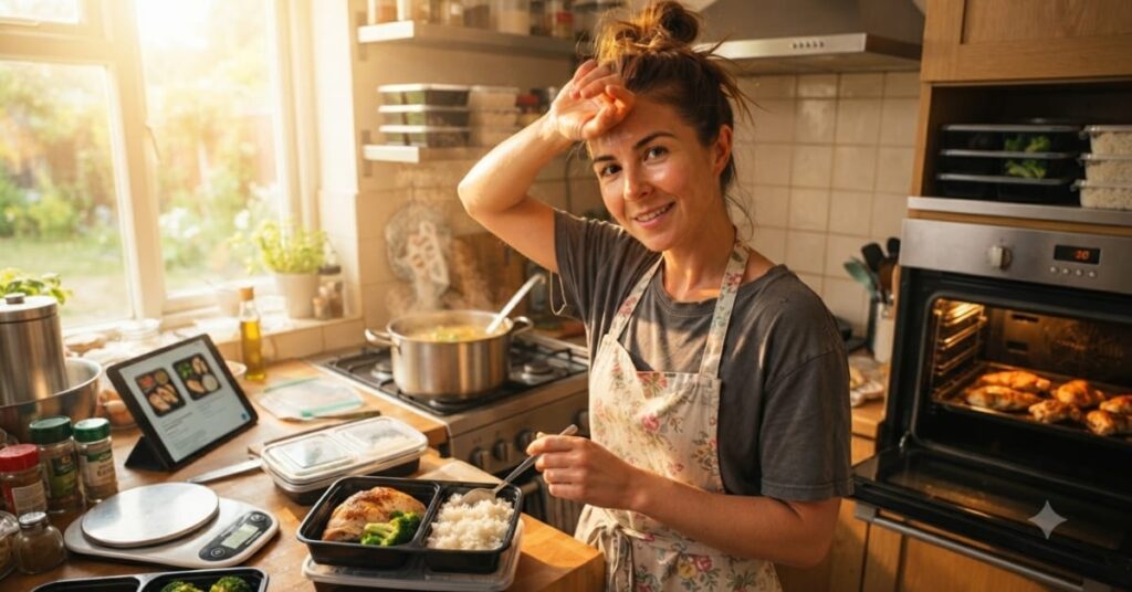A girl meal prepping in the kitchen on a hot sunny day
