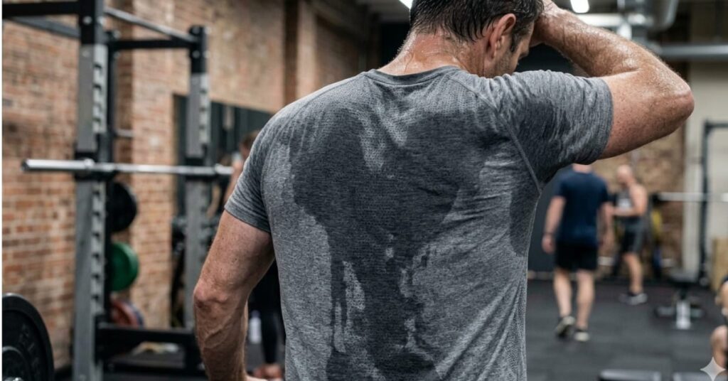 A man exercising at the gym with visible sweat cooling his body