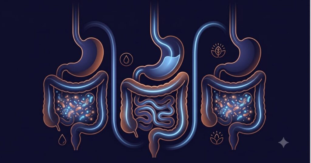 Healthy digestive tract showing gas bubbles and beneficial gut bacteria