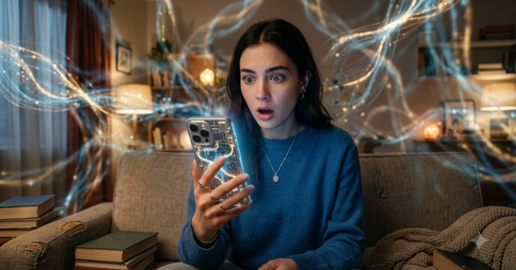 Girl discovering metallic bonds inside her phone in a what if you could see chemical bonds scenario