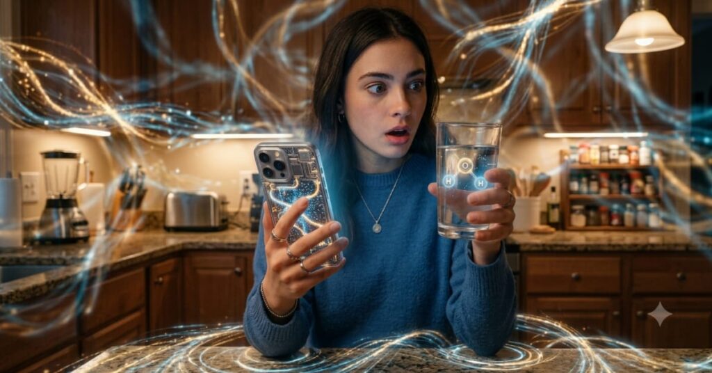 Girl seeing covalent bonds in a glass of water after chemical bonds become visible