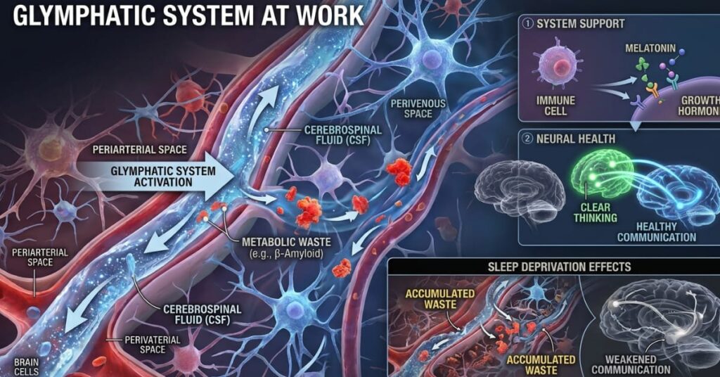 Glymphatic system clearing brain waste during deep sleep