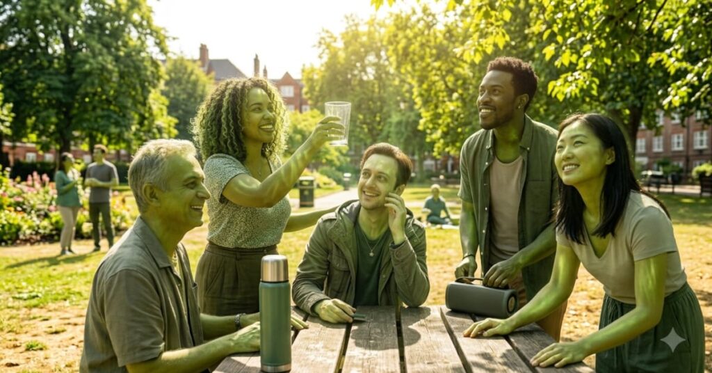 Friends gathering in a sunny park instead of dinner as humans photosynthesize