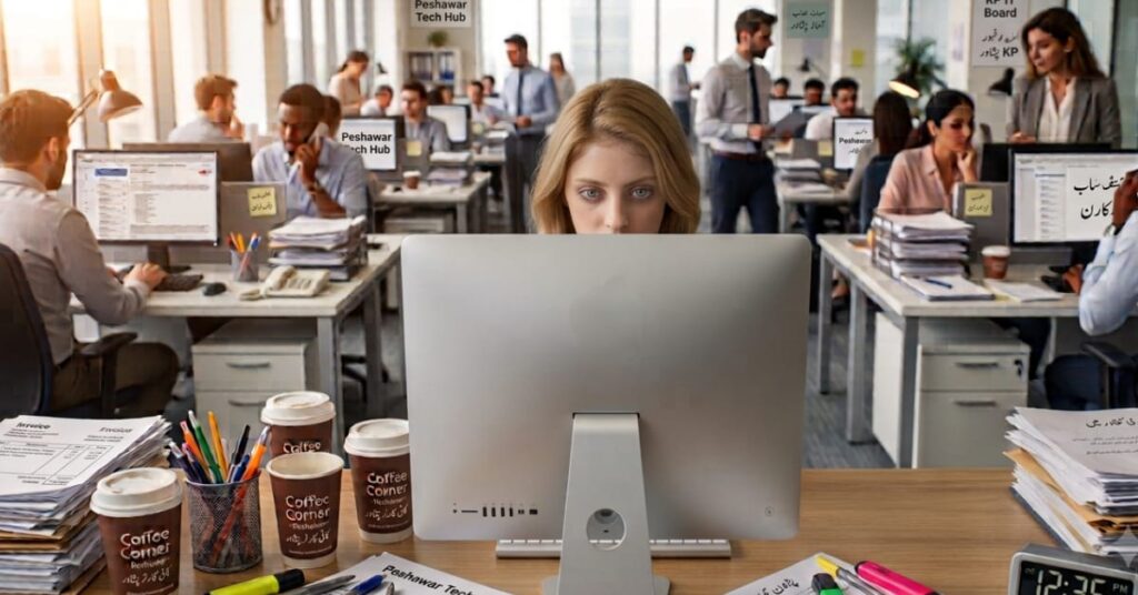 Sleep-deprived woman struggling to focus on a digital screen