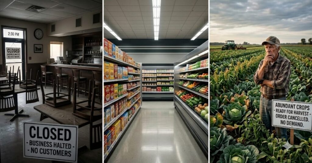 Empty restaurants and grocery stores as farms overflow with crops no one needs after humans photosynthesize