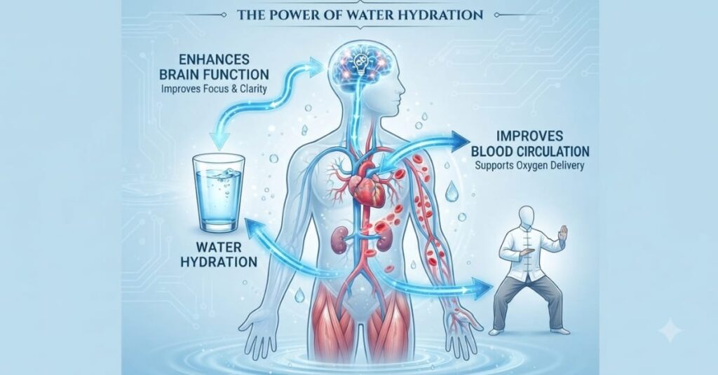 Diagram showing the role of water in brain function, blood circulation, and hydration