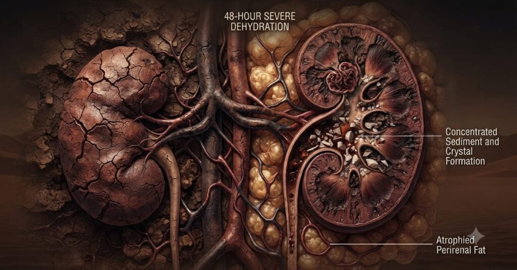 Internal view of dehydrated kidneys after 48 hours without drinking water