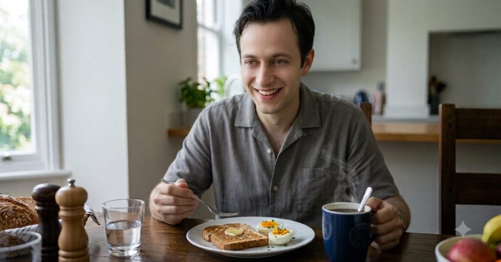 Normal human eating breakfast instead of relying on photosynthesis