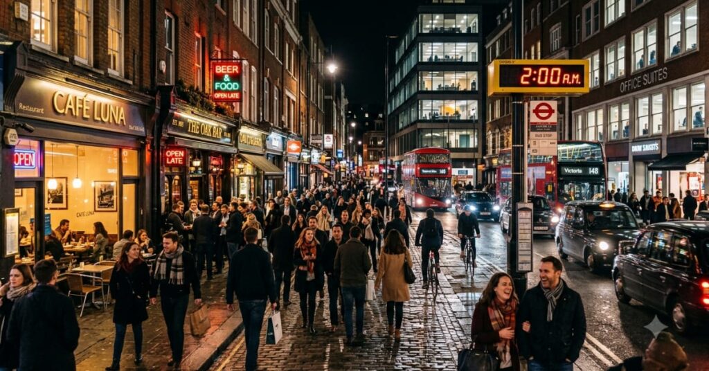 Crowded street in a world where people never sleep again