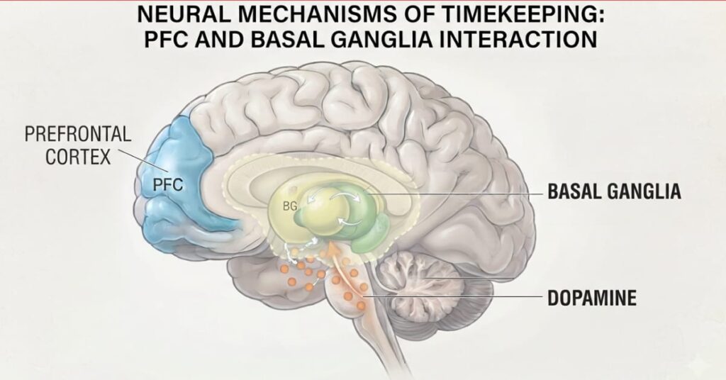 Illustration of the brain with labeled prefrontal cortex, basal ganglia, and dopamine