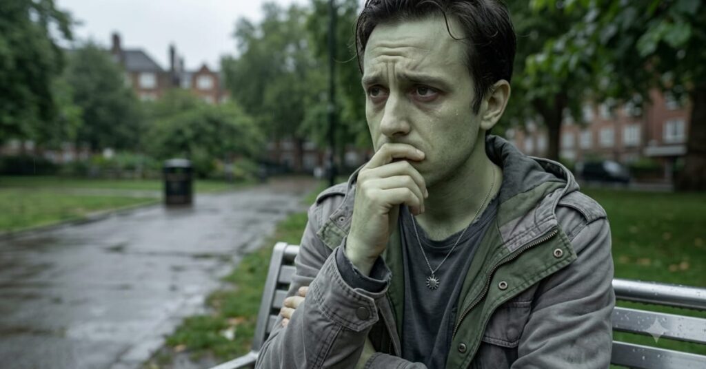 A green human feeling weak on a cloudy day due to reduced photosynthesis