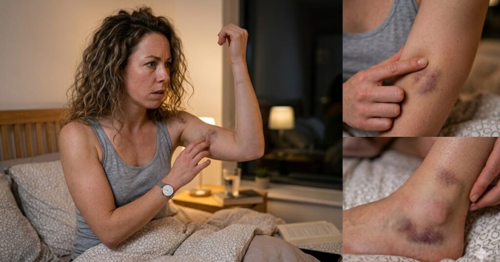 A woman noticing bruises on her body with concern