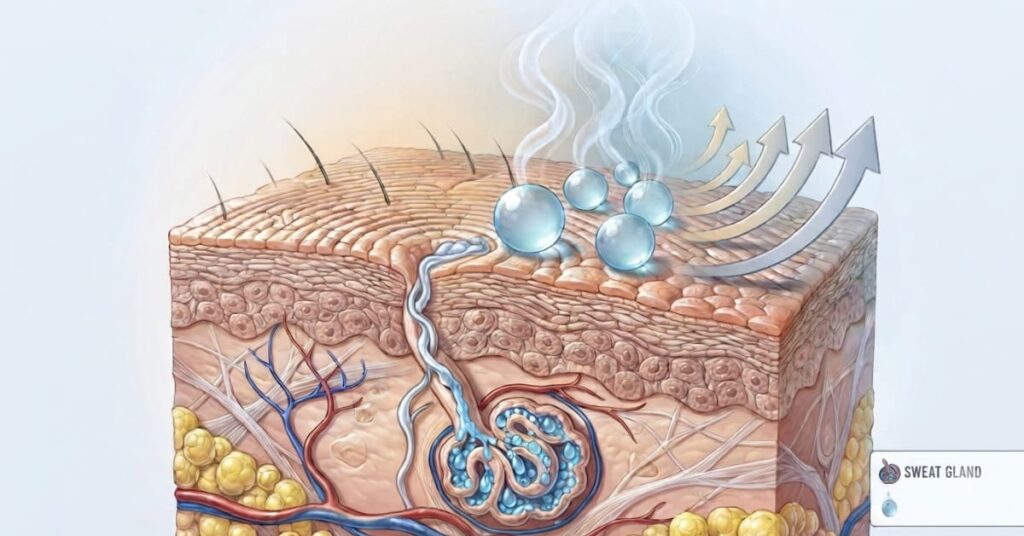 Medical illustration of a sweat gland supporting healthy sweating