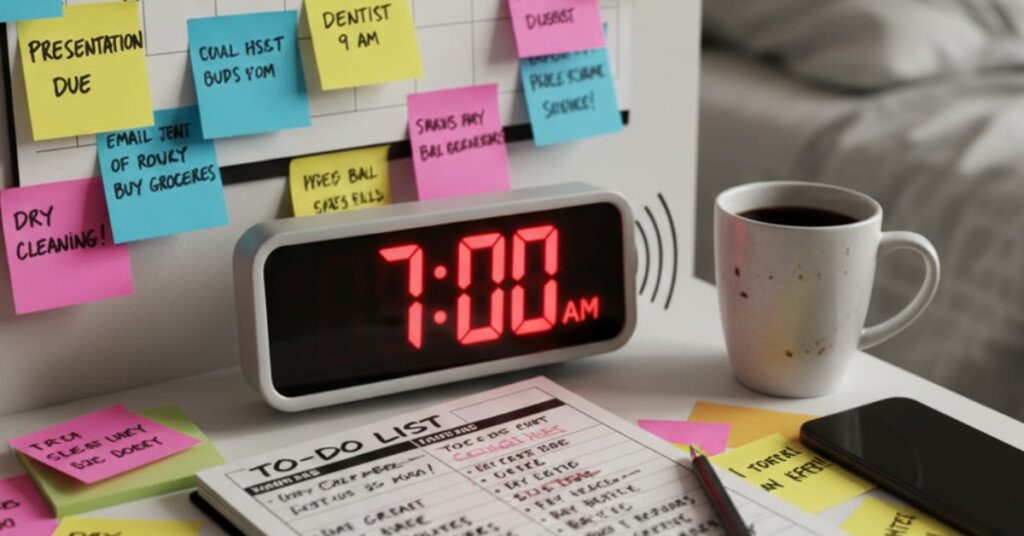 Sticky notes and to do lists surrounding a clock in a brain losing sense of time scenario