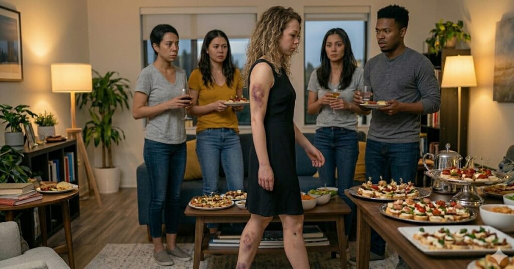A woman at a gathering unaware of an injury as friends express concern