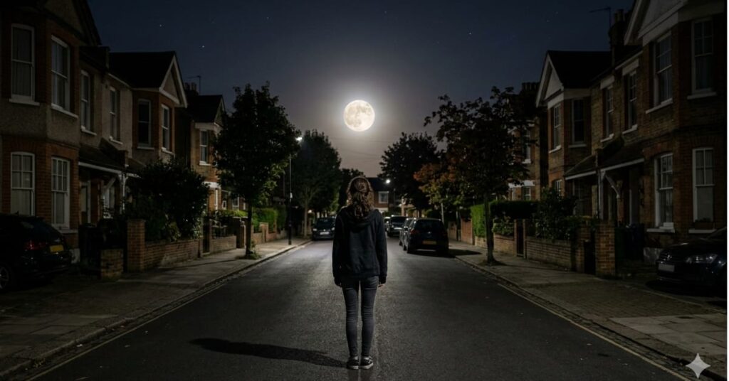 Woman staying awake at night as the rest of the city sleeps