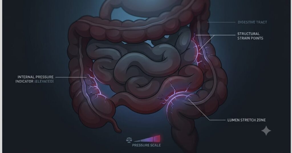 Digestive system diagram showing trapped gas internal pressure and stretched intestinal walls after never farting again