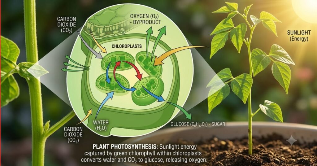 Plant with chloroplasts capturing sunlight for photosynthesis and releasing oxygen