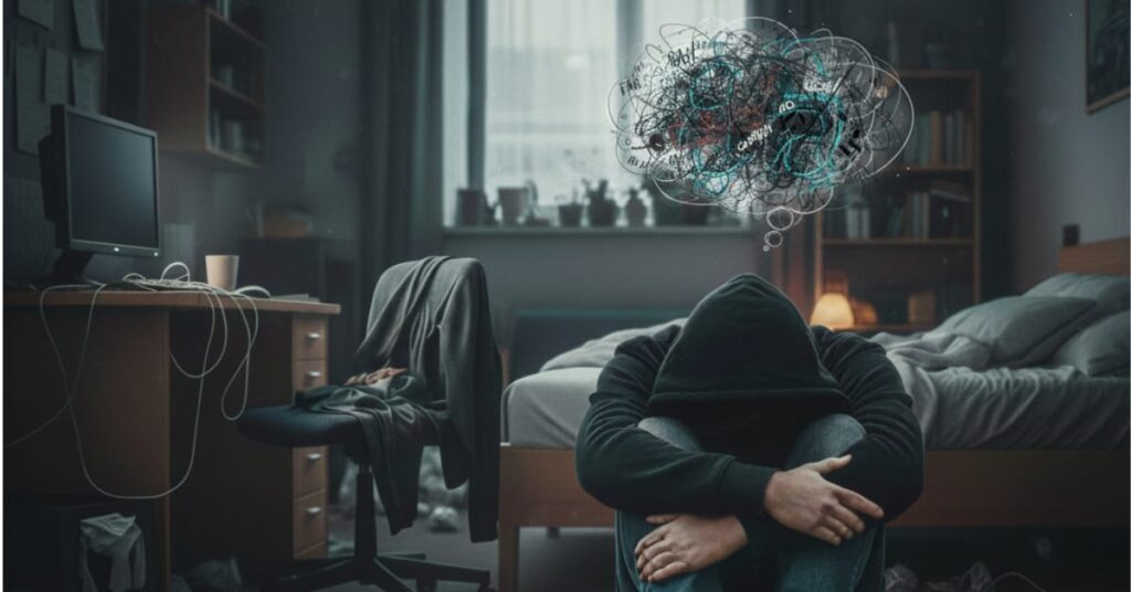 A woman sitting on the floor with head down, illustrating panic attack and anxiety