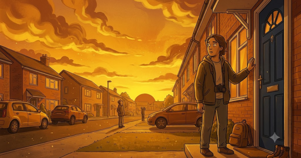 A man standing at the door under an amber sky