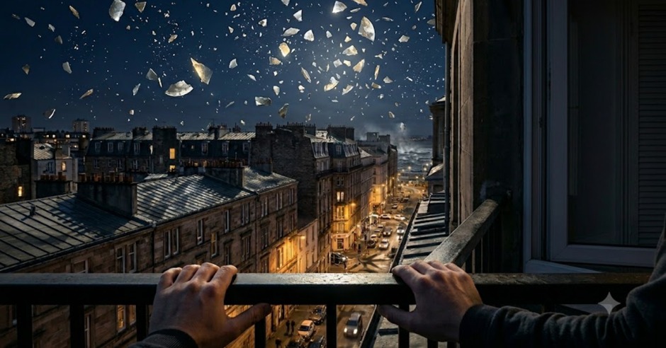 A person on the balcony looking at the exploded Moon