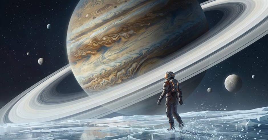 An astronaut gazing at the massive Saturn and its ring system