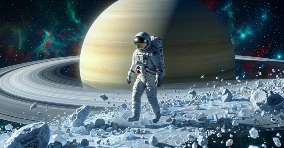 An astronaut standing among floating frozen space rocks
