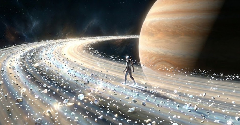 An astronaut walking along a glowing ring facing huge Saturn