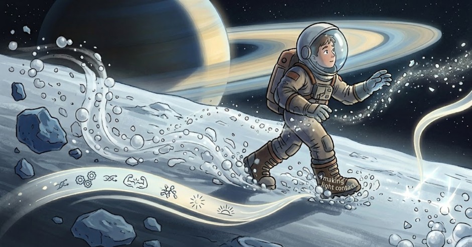 An astronaut walking along a shimmering path