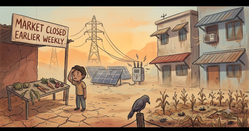 An animated illustration showing crop failure and power grid strain