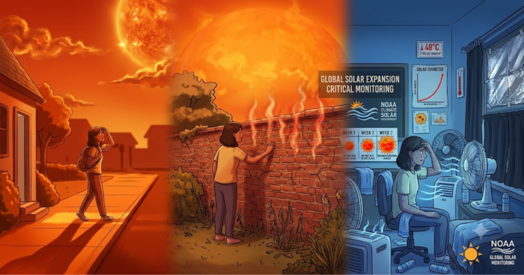 An enlarged, blazing sun intensifies extreme heat