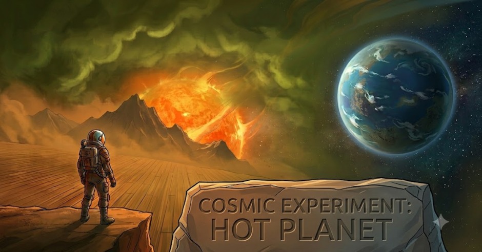An astronaut observes the scorched alien planet's surface closely