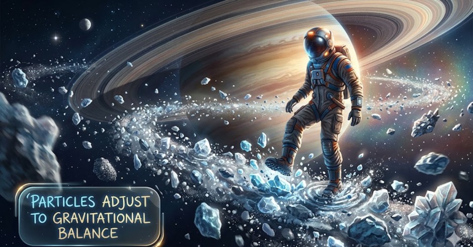An astronaut stepping carefully on floating icy particles