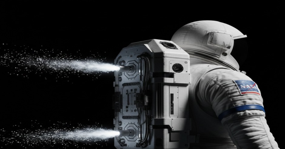 Backpack thrusters fire into dark space