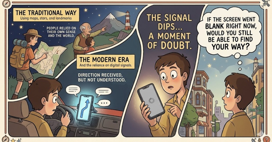 Comic contrasting traditional navigation with the digital era
