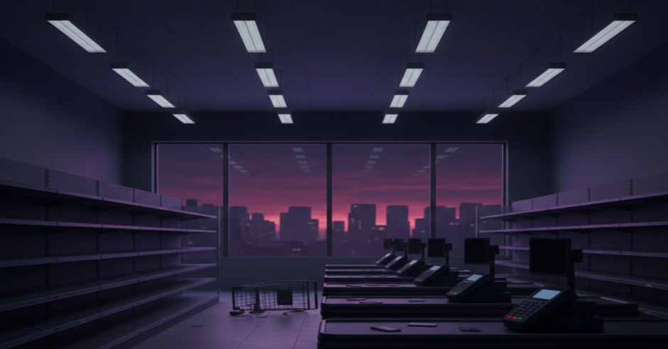 Dark, empty store with offline checkout registers