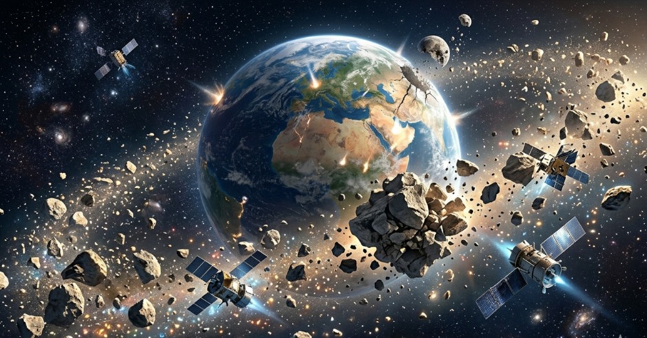 Exploded Moon fragments orbiting Earth near satellites