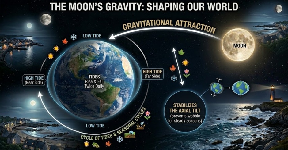 Diagram of Moon gravity shaping Earth tides