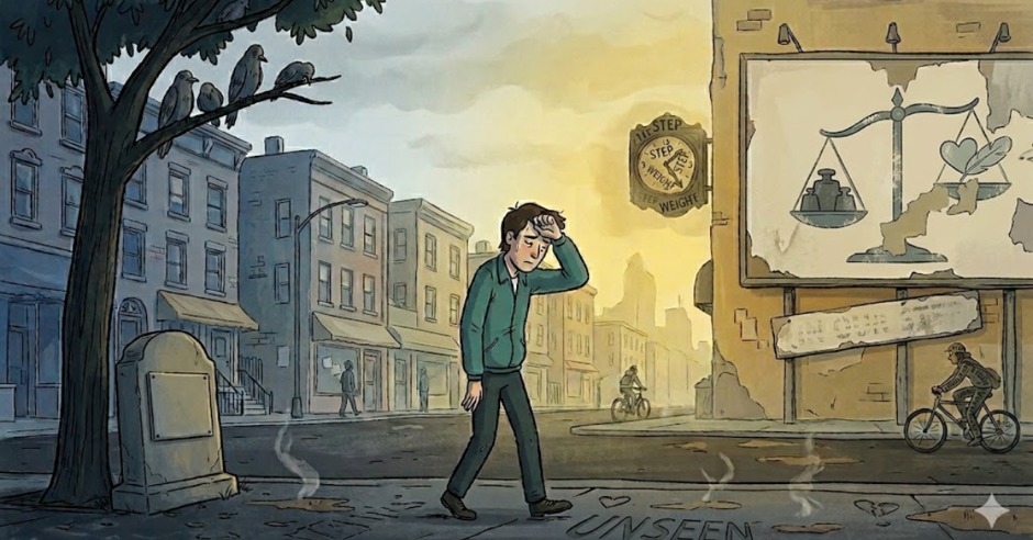 An exhausted man walks down a hot morning street
