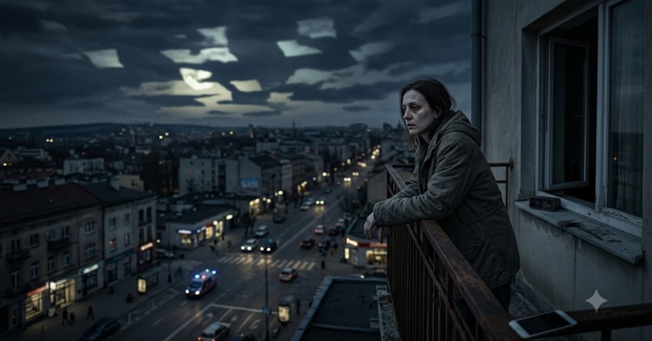Exhausted woman looking out at the city from a balcony