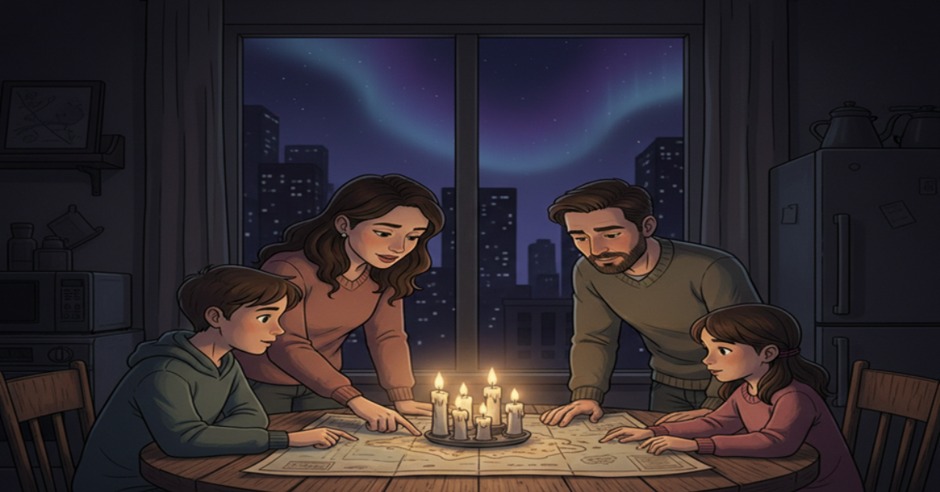 Family studying a map by candlelight during a blackout