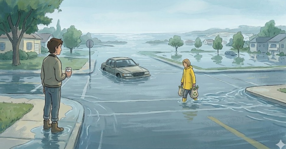 Flooded city street with a person carrying groceries