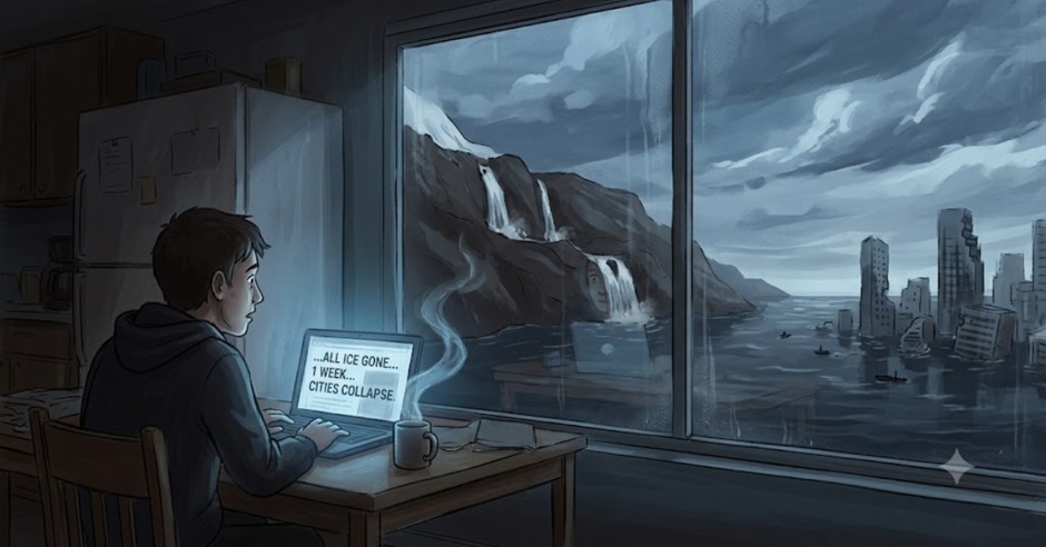 A man looks at a laptop displaying disastrous news