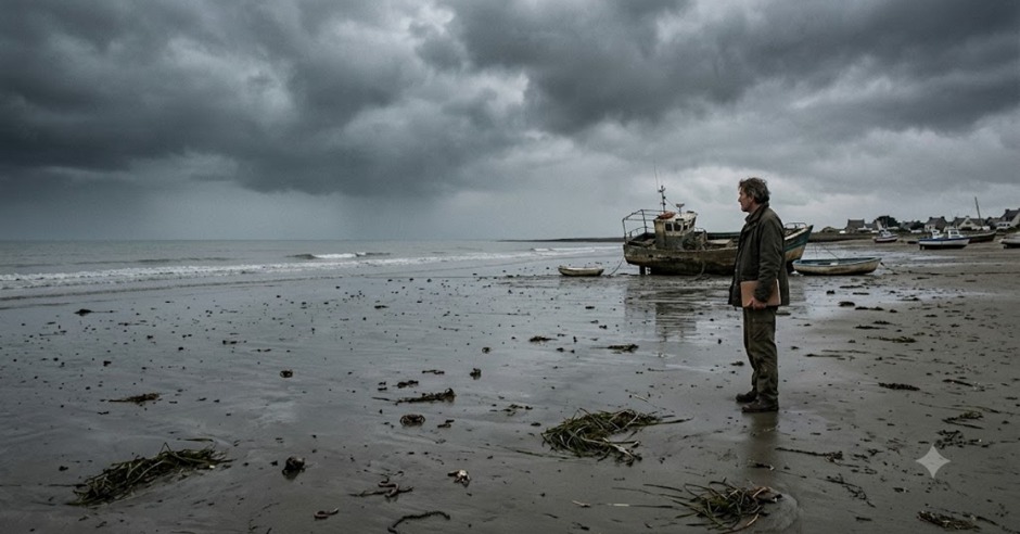 A man standing on a quiet beach at low tide
