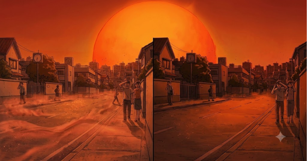 Massive orange sun dominates apocalyptic cityscape