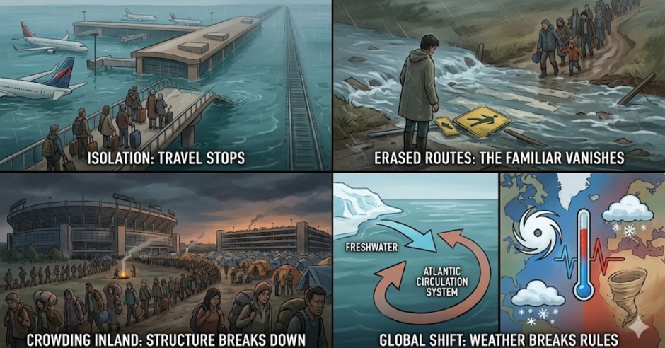 Multi panel diagram illustrating global travel breakdown