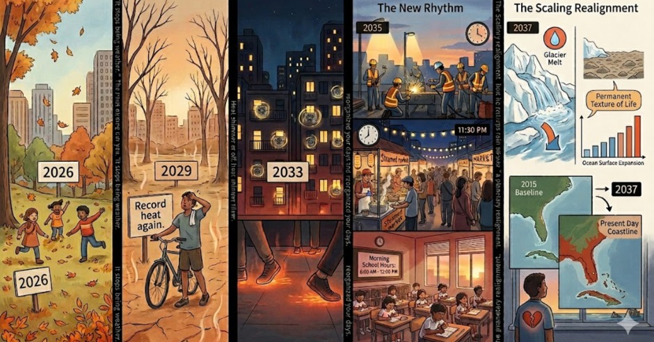 Multi-panel timeline shows escalating climate realignment