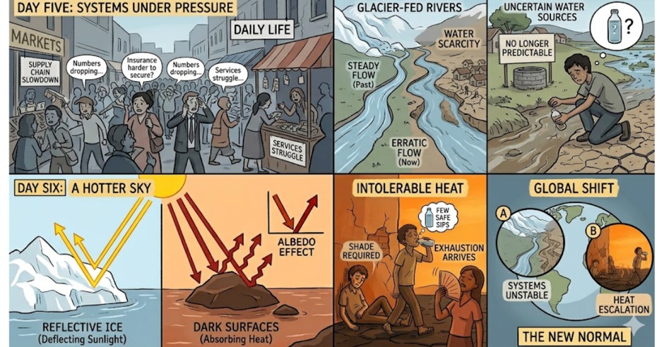 Panels illustrating economic pressure and extreme heat