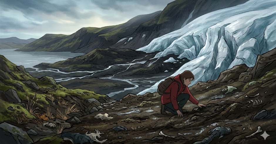 A person touches newly exposed ancient cold soil