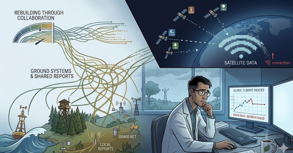 Researcher working while global climate data stops